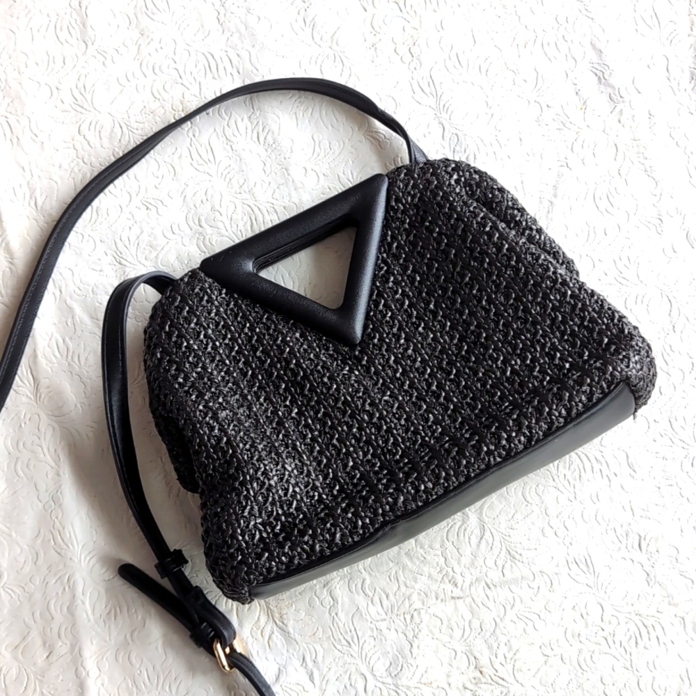 Moda Luxe Black Leather and Woven Nylon Crossbody Handbag